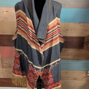 Natural Reflections Blue Striped Fringe Shawl Vest with Rust and Gold Accents